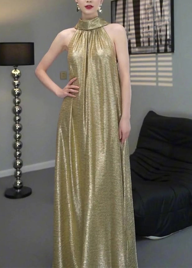 Elegant Gold Halter Wrinkled Long Dress Sleeveless