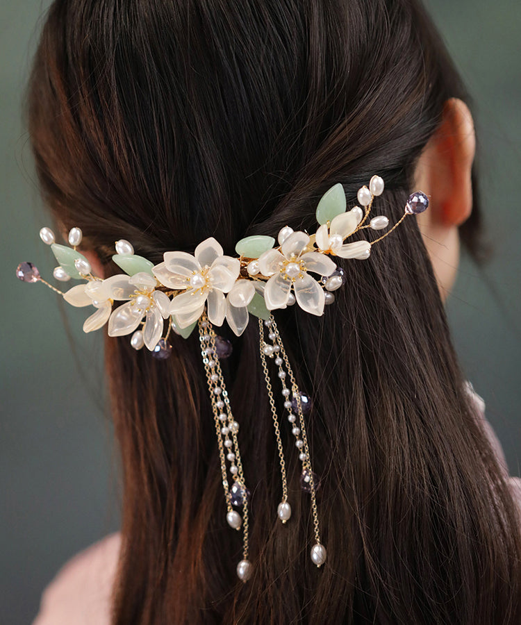 Elegant Gold Sterling Silver Overgild Pearl Floral Tassel Hairpin