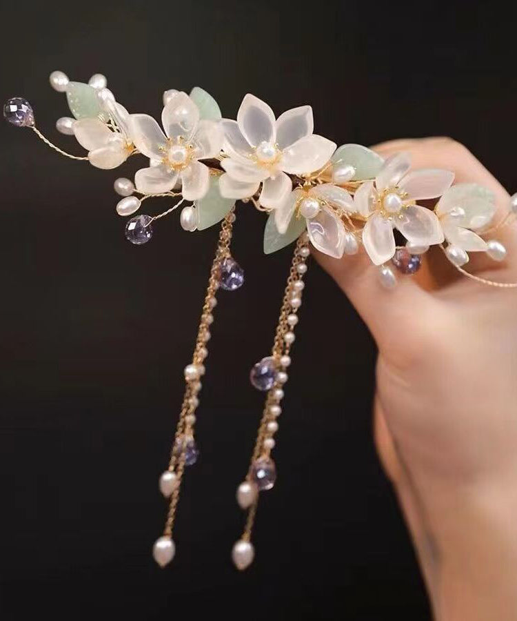 Elegant Gold Sterling Silver Overgild Pearl Floral Tassel Hairpin