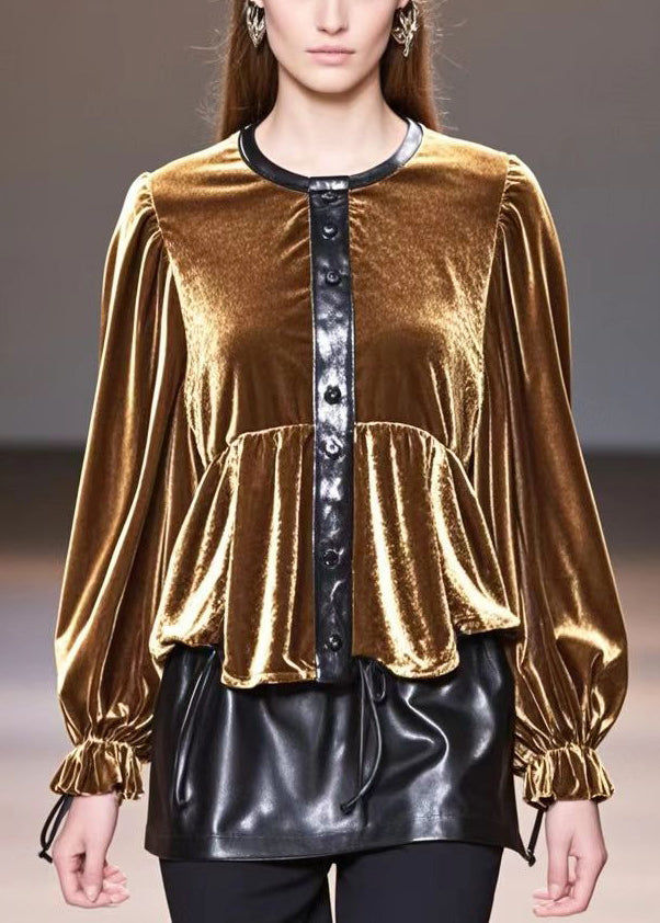 Elegant Golden O-Neck Patchwork Silk Velour Tops Fall