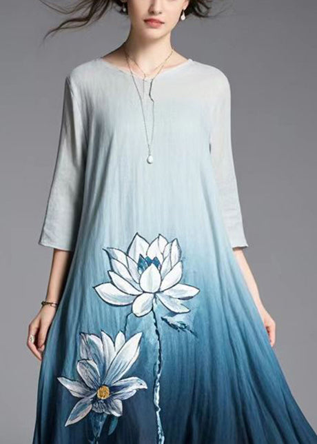 Elegant Gradient Color Lotus Print Cotton Dress Summer