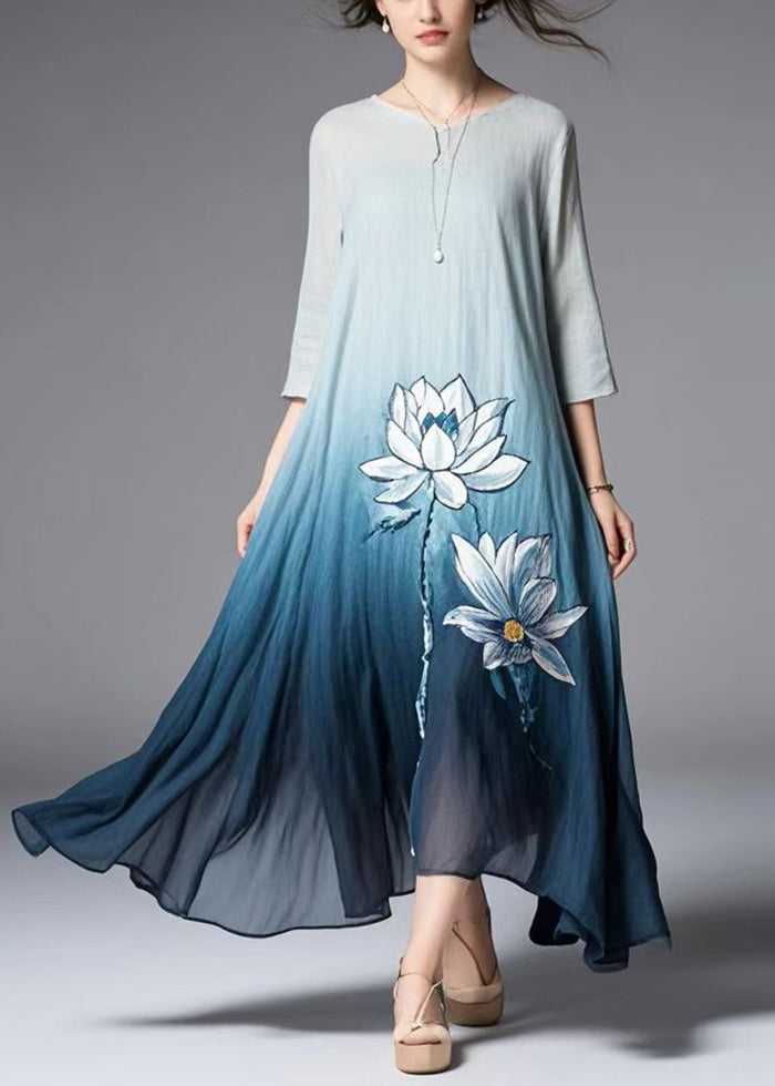 Elegant Gradient Color Lotus Print Cotton Dress Summer