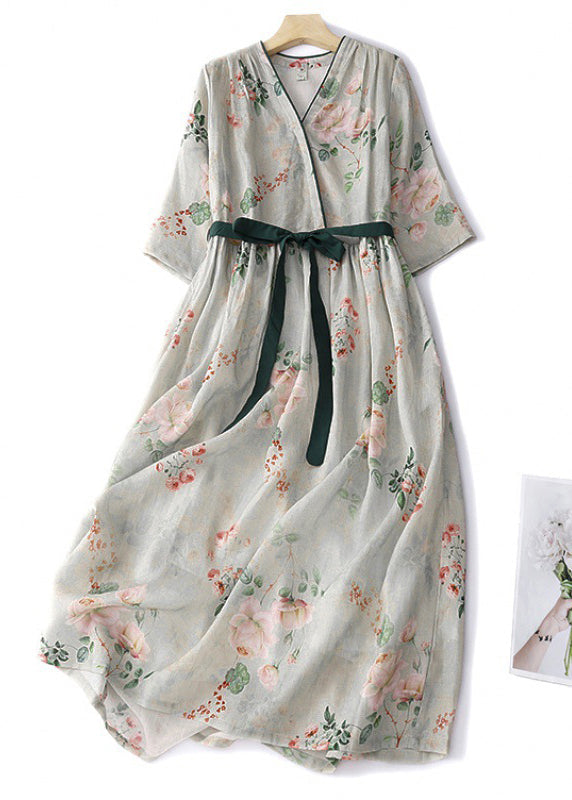 Elegant Green Button Print Lace Up Cotton Dresses Summer