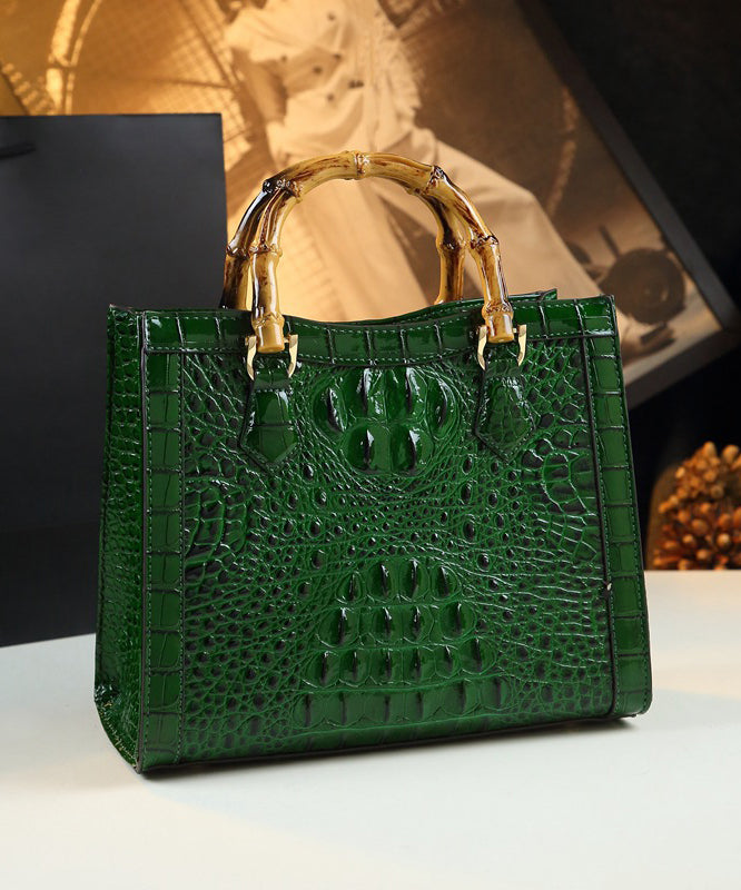 Elegant Green Embossed Versatile Calf Leather Tote Handbag