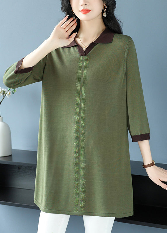 Elegant Green Hign Neck Ice Silk Knit Shirt Top Bracelet Sleeve