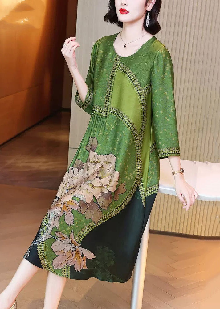 Elegant Green O Neck Print Patchwork Silk Long Dresses Spring