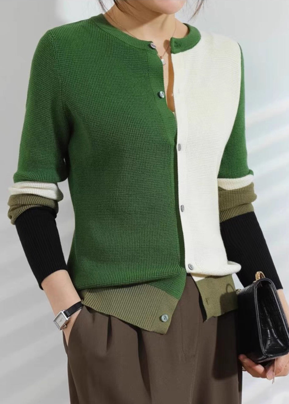 Elegant Green Patchwork Button Cotton Knitted Cardigans Fall