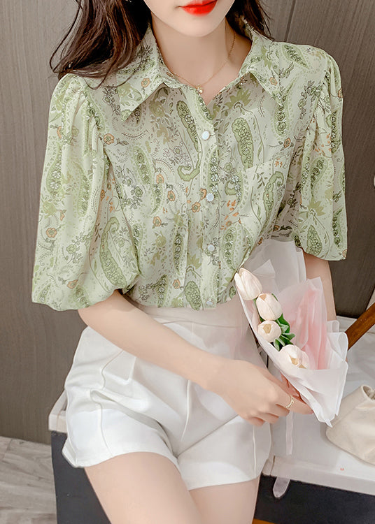 Elegant Green Peter Pan Collar Print Chiffon Shirt Top Lantern Sleeve