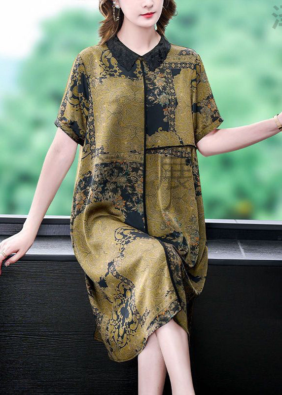 Elegant Green Peter Pan Collar Print Silk Dress Summer