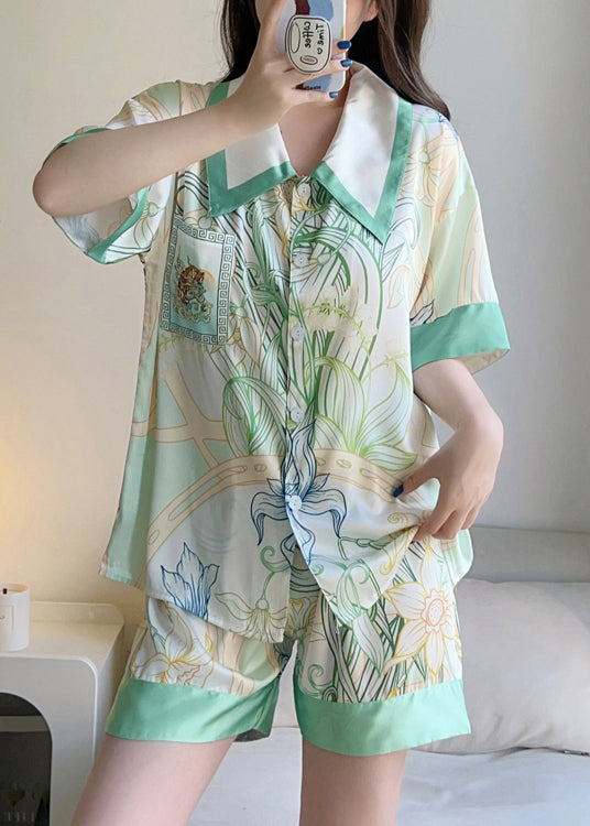 Elegant Green Print Button Shirt And Shorts Ice Silk Pajamas Two Pieces Set Summer