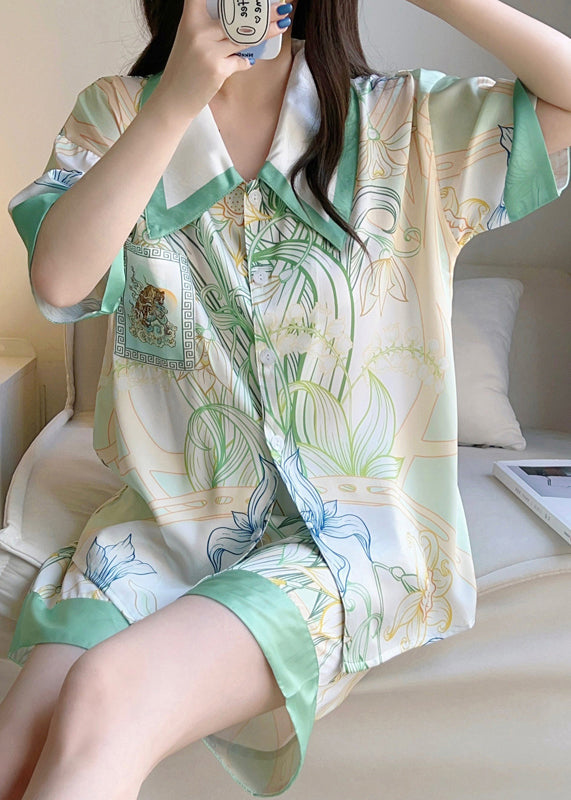 Elegant Green Print Button Shirt And Shorts Ice Silk Pajamas Two Pieces Set Summer