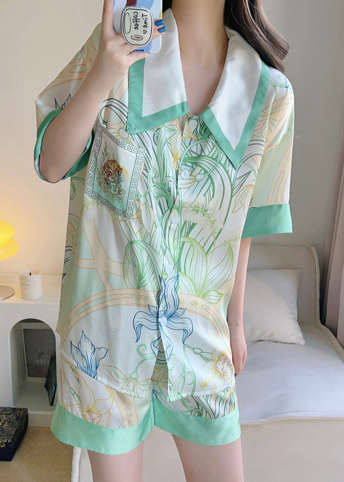 Elegant Green Print Button Shirt And Shorts Ice Silk Pajamas Two Pieces Set Summer