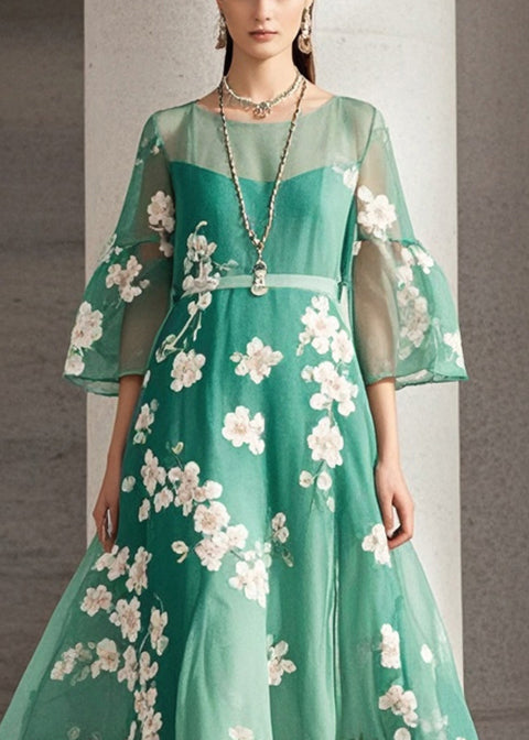 Elegant Green Print Chiffon Long Dresses Summer