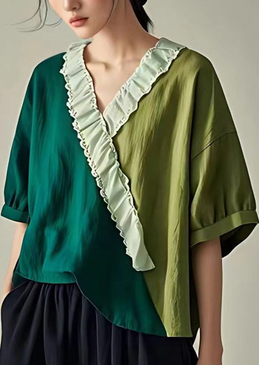 Elegant Green Ruffled Patchwork Cotton T Shirt Summer