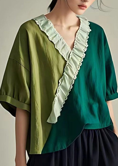 Elegant Green Ruffled Patchwork Cotton T Shirt Summer