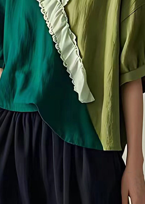 Elegant Green Ruffled Patchwork Cotton T Shirt Summer