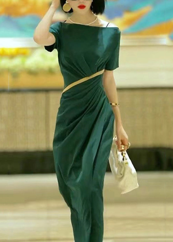 Elegant Green Slash Neck Slim Fit Cotton Dress Summer