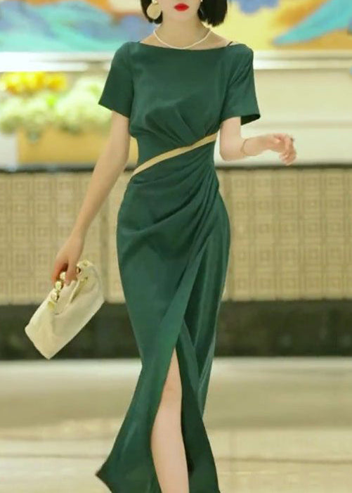 Elegant Green Slash Neck Slim Fit Cotton Dress Summer