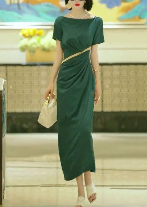 Elegant Green Slash Neck Slim Fit Cotton Dress Summer