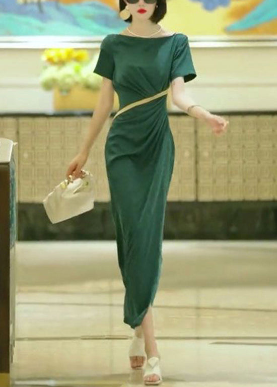 Elegant Green Slash Neck Slim Fit Cotton Dress Summer