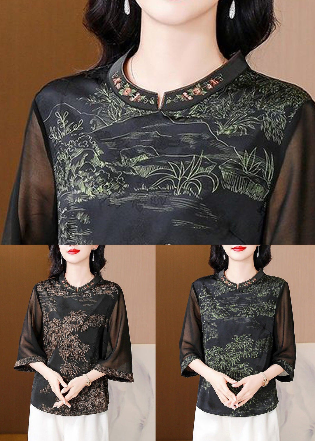 Elegant Green Stand Collar Print Silk Top Half Sleeve