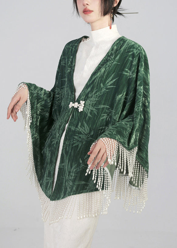 Elegant Green Tasseled Chinese Button Cotton Cape Coats Spring