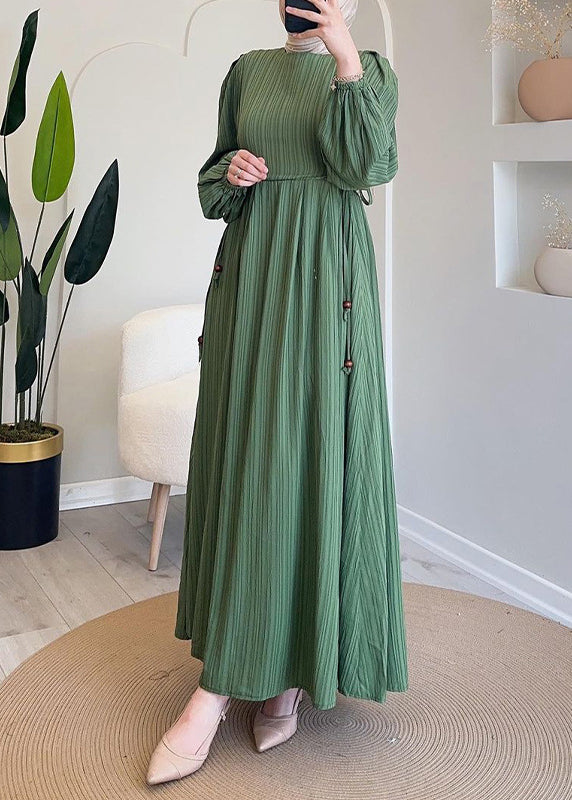 Elegant Green Wrinkled Lace Up Solid Long Dress Fall