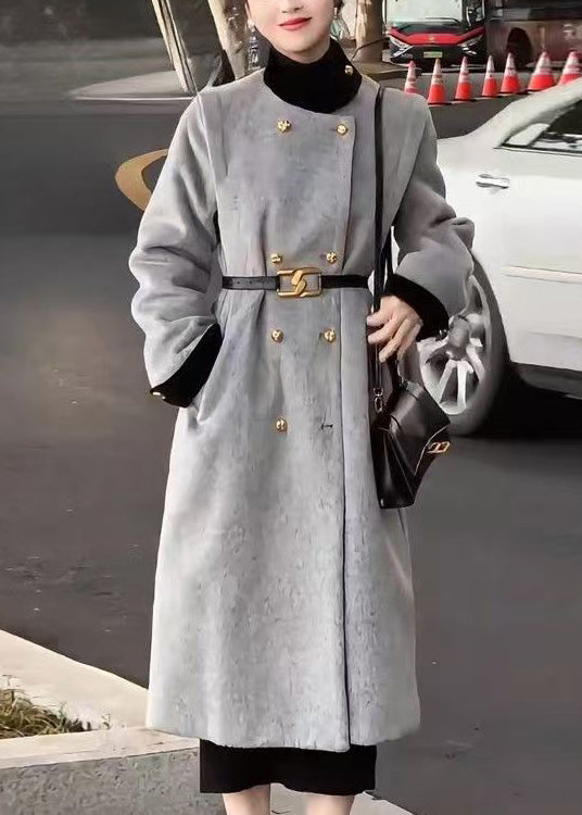 Elegant Grey Double Breast Sashes Woolen Long Coats Spring