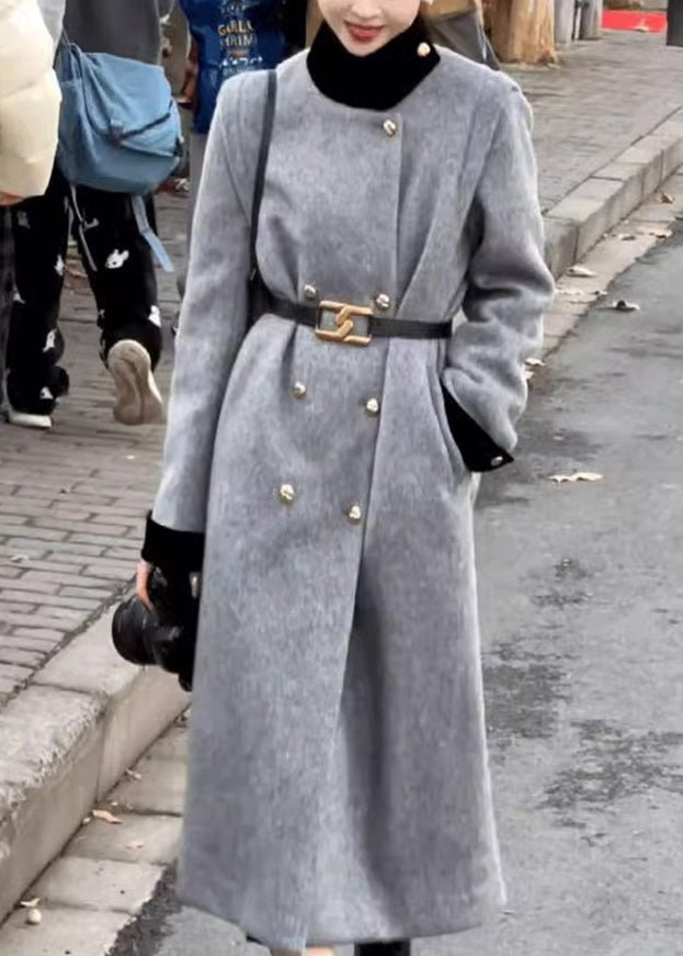 Elegant Grey Double Breast Sashes Woolen Long Coats Spring