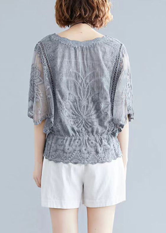 Elegant Grey Embroidered Hollow Out Cotton Top Batwing Sleeve