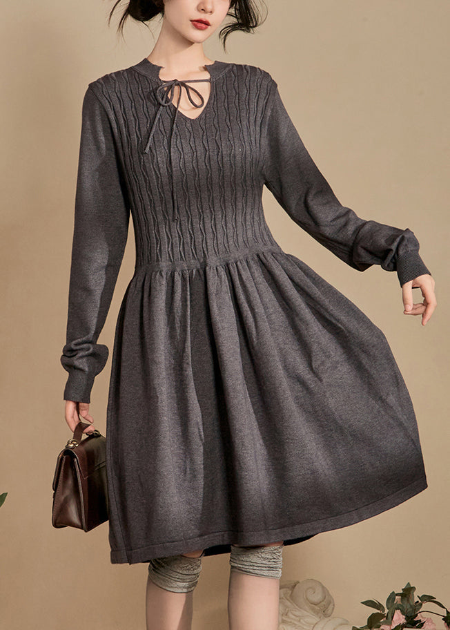 Elegant Grey Lace Up Solid Knit Dresses Spring