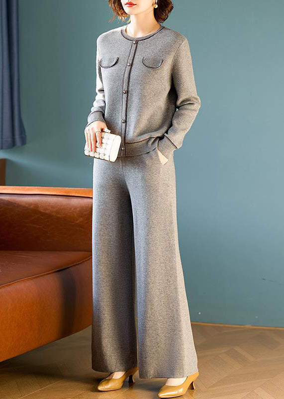 Elegant Grey O Neck Tops And Pants Wool Two Pieces Set Spring