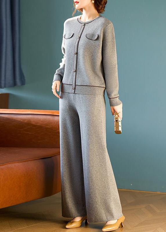 Elegant Grey O Neck Tops And Pants Wool Two Pieces Set Spring