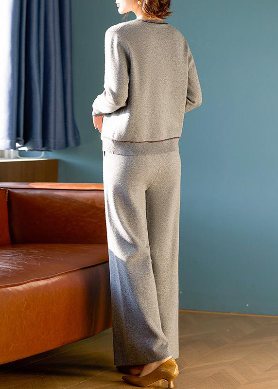 Elegant Grey O Neck Tops And Pants Wool Two Pieces Set Spring