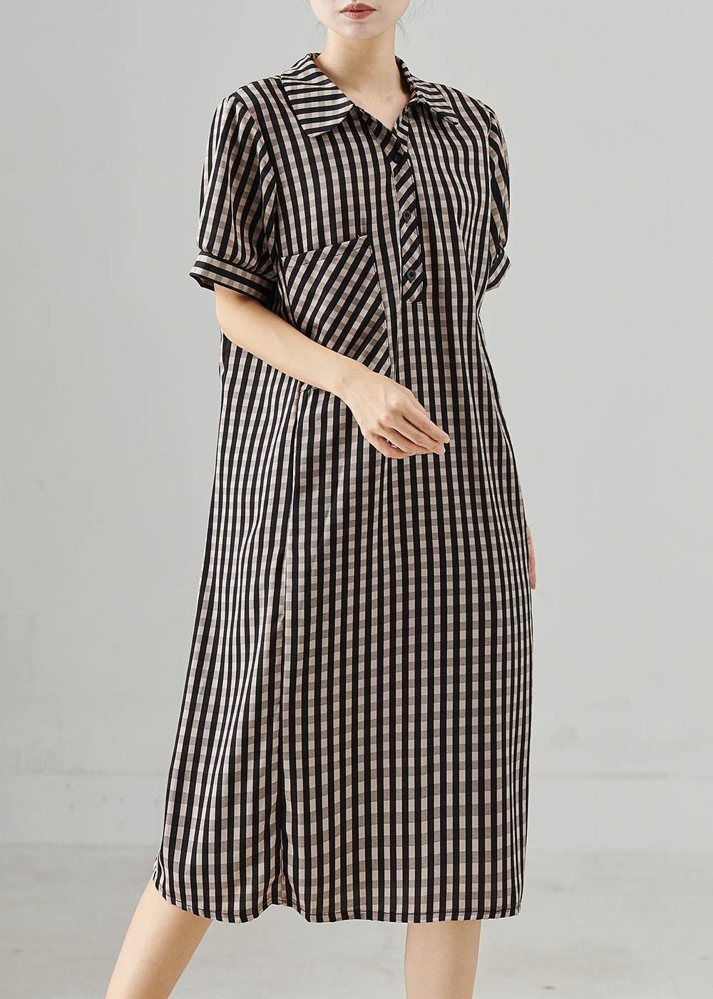 Elegant Grey Peter Pan Collar Plaid Cotton Dress Summer