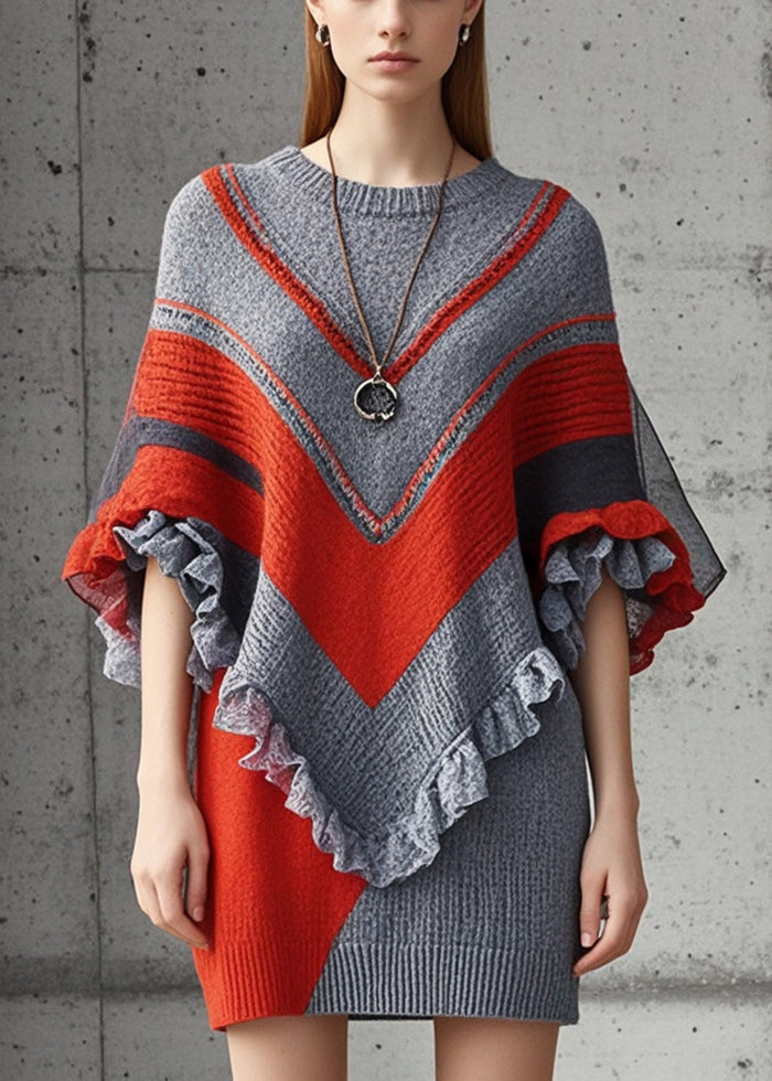 Elegant Grey Ruffled Patchwork Knitted Dress Batwing Sleeve