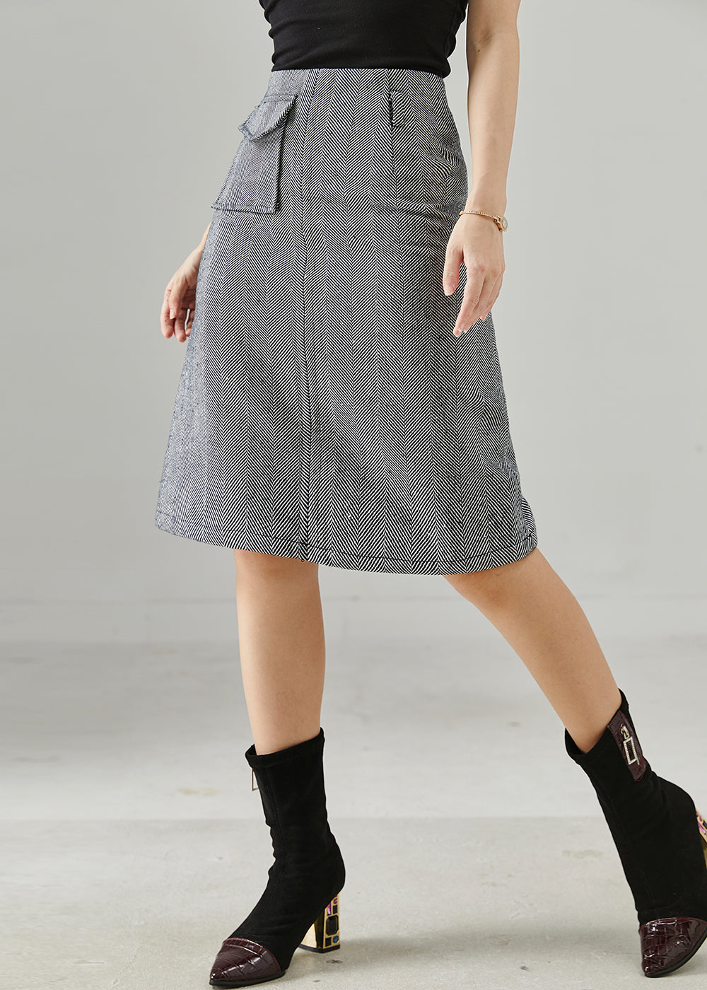 Elegant Grey Striped Pocket Cotton Wraped Skirts Fall