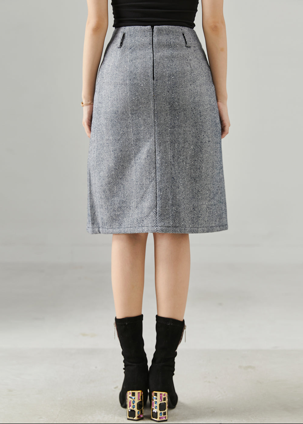 Elegant Grey Striped Pocket Cotton Wraped Skirts Fall