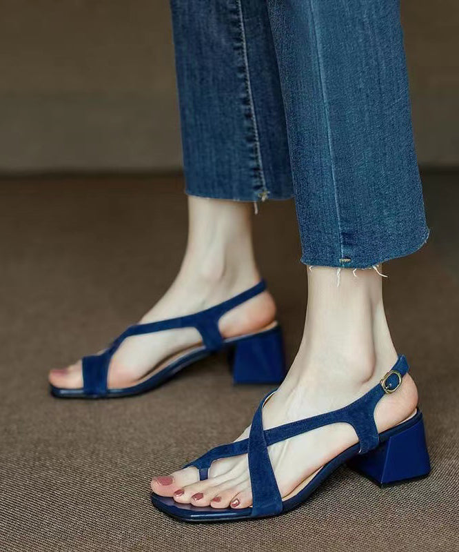 Elegant Hollow Out Chunky Sandals Blue Suede