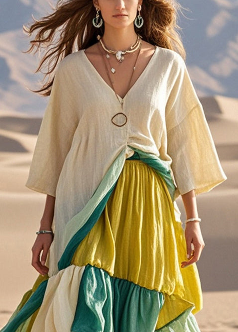 Elegant Khaki Asymmetrical Patchwork Cotton Maxi Dresses Bracelet Sleeve