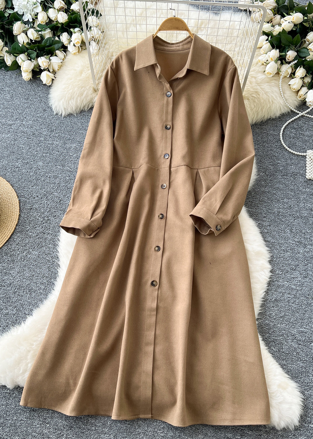 Elegant Khaki Button Knit Vest And Dress Corduroy Two Pieces Set Winter