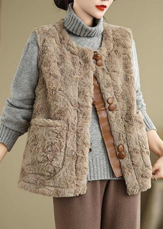 Elegant Khaki Button Pockets Teddy Faux Fur Waistcoat Sleeveless