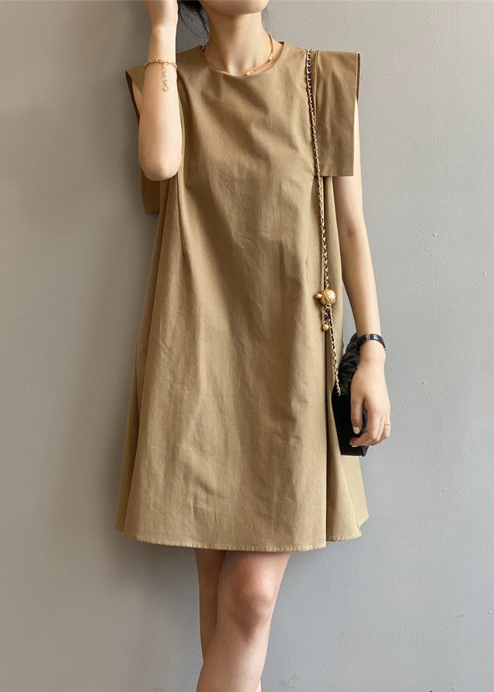 Elegant Khaki O-Neck Cotton Day Dress Sleeveless