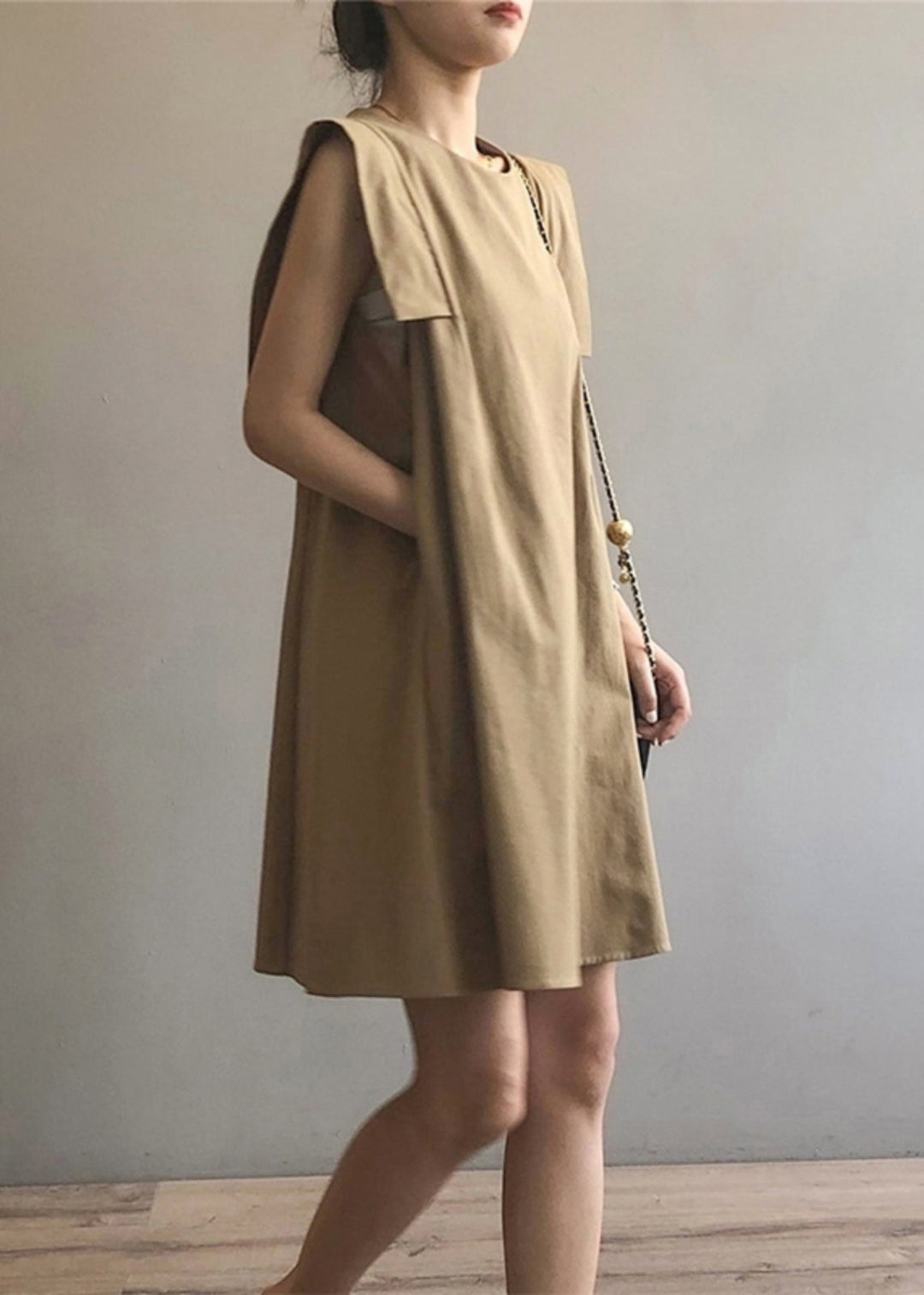 Elegant Khaki O-Neck Cotton Day Dress Sleeveless