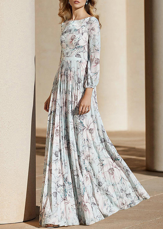 Elegant Light Blue Print Wrinkled Chiffon Ankle Dress Fall