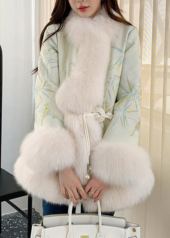 Elegant Light Green Fox Collar Embroidered Leather And Fur Coats Winter