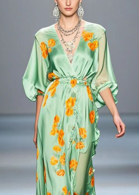 Elegant Light Green Ruffled Print Silk Long Dress Fall