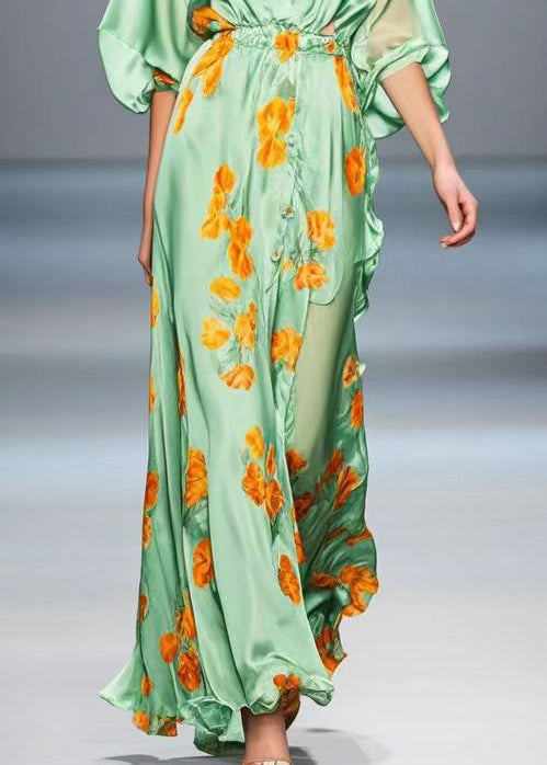 Elegant Light Green Ruffled Print Silk Long Dress Fall