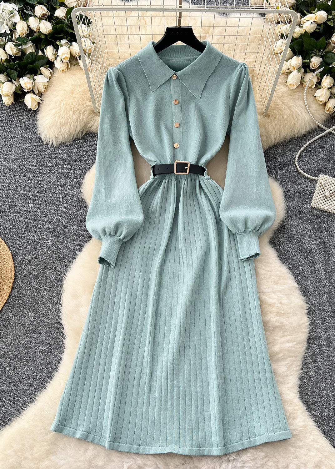 Elegant Light Purple Peter Pan Button Collar Knit Dress Winter