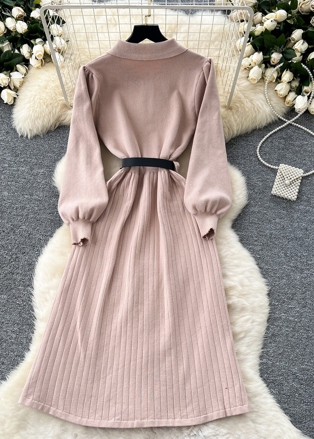 Elegant Light Purple Peter Pan Button Collar Knit Dress Winter